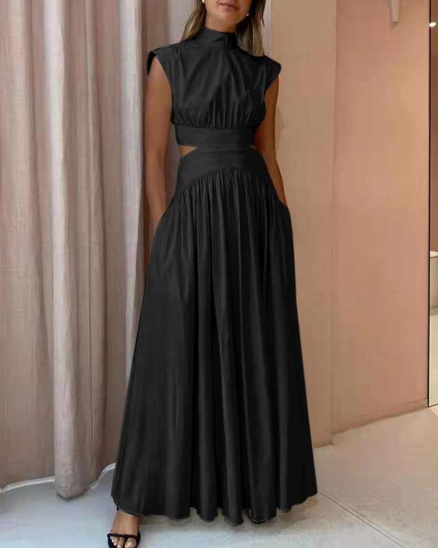 Stand Collar Sleeveless Open Waist Dress Maxi Dresses-Hayhty.All Rights Reserved.