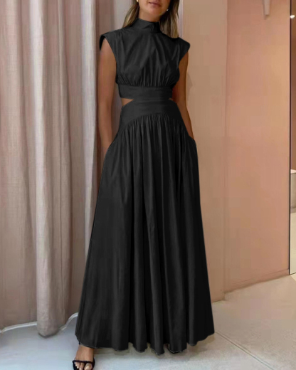 Stand Collar Sleeveless Open Waist Dress Maxi Dresses-Hayhty.All Rights Reserved.