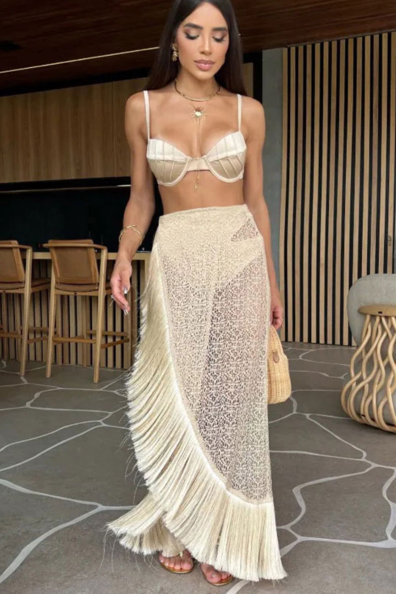 Cami Bra Fringe Lace Cover Ups Maxi Skirt Bikini Three-Piece Set-Beige-Hayhty.All Rights Reserved.