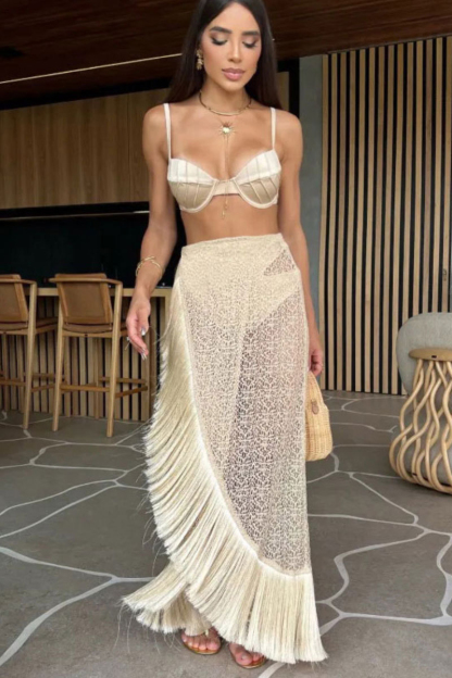 Cami Bra Fringe Lace Cover Ups Maxi Skirt Bikini Three-Piece Set-Beige-Hayhty.All Rights Reserved.