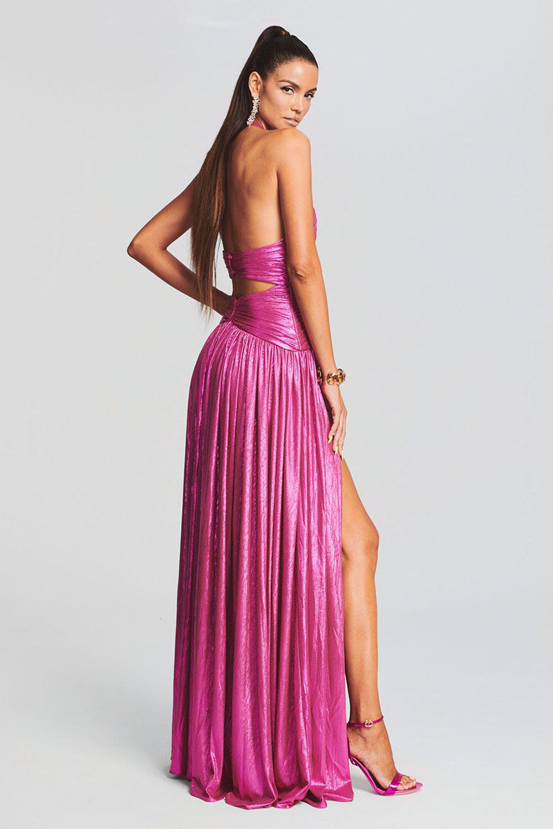 Shiny V Neck Halter Cutout Backless Slit Party Maxi Dresses-Hayhty.All Rights Reserved.