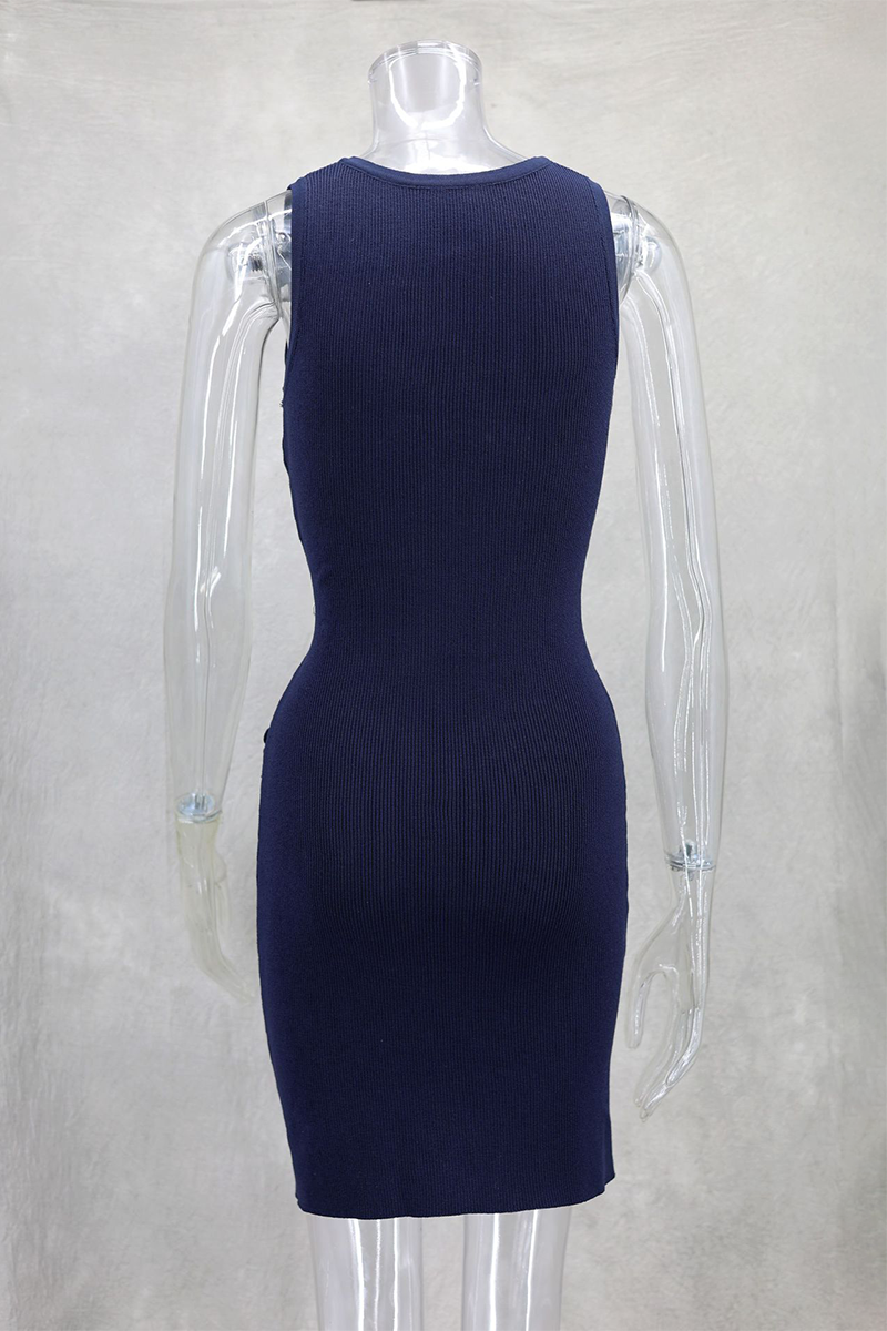 Round Neck Button Up Bodycon Knit Mini Tank Dresses-Navy-Hayhty.All Rights Reserved.