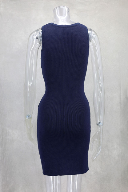 Round Neck Button Up Bodycon Knit Mini Tank Dresses-Navy-Hayhty.All Rights Reserved.