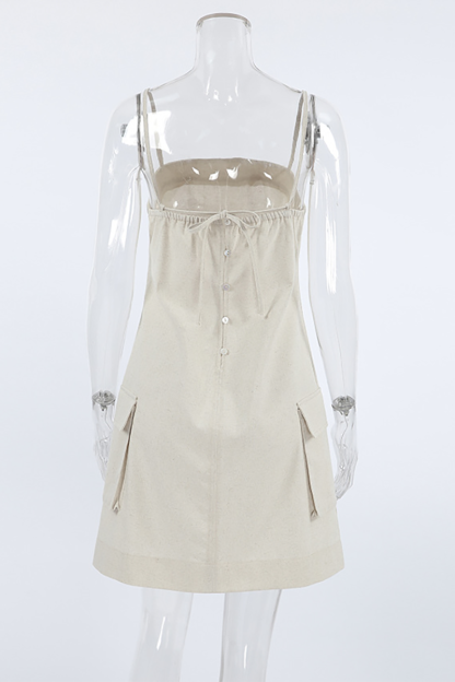 Boat Neckline Pocket Solid Color Casual Slip Mini Dresses-Khaki-Hayhty.All Rights Reserved.