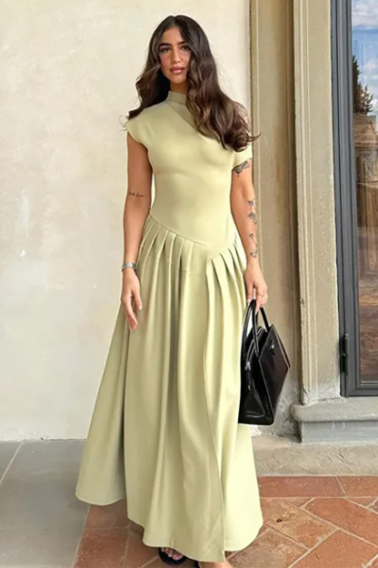 Skew Neck Short Sleeve Cinch Waist Pleated Hem Maxi Dresses-Green-Hayhty.All Rights Reserved.