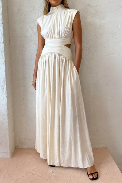 Stand Collar Sleeveless Open Waist Dress Maxi Dresses-Hayhty.All Rights Reserved.
