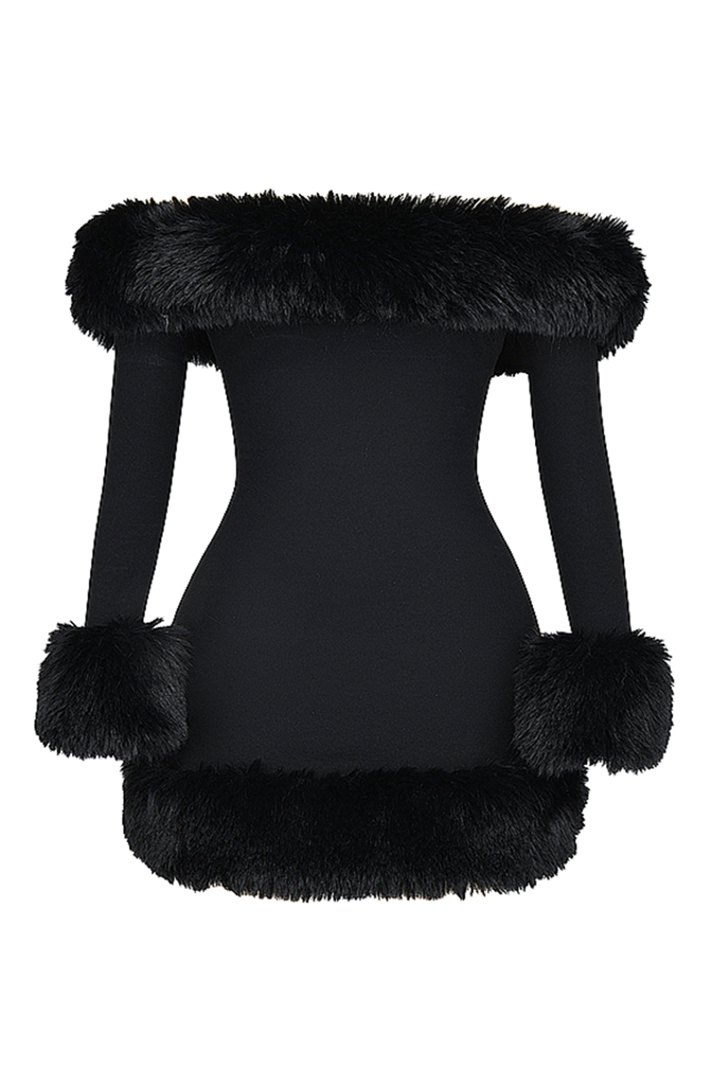 Off Shoulder Long Sleeve Faux Fur Cuff Trim Cocktail Party Bodycon Mini Dresses-Black-Hayhty.All Rights Reserved.