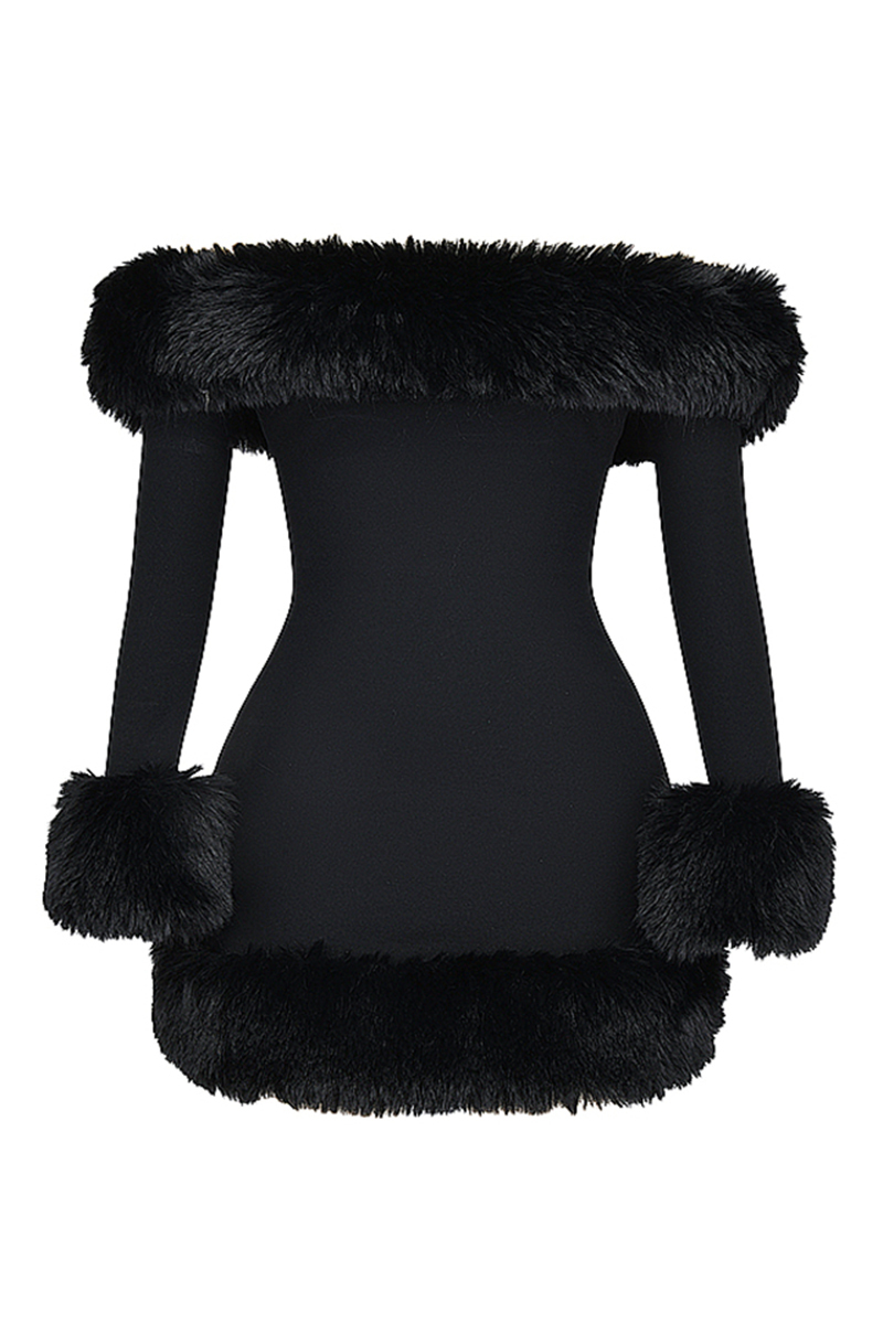 Off Shoulder Long Sleeve Faux Fur Cuff Trim Cocktail Party Bodycon Mini Dresses-Black-Hayhty.All Rights Reserved.