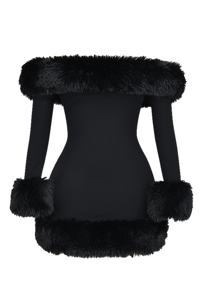 Off Shoulder Long Sleeve Faux Fur Cuff Trim Cocktail Party Bodycon Mini Dresses-Black-Hayhty.All Rights Reserved.