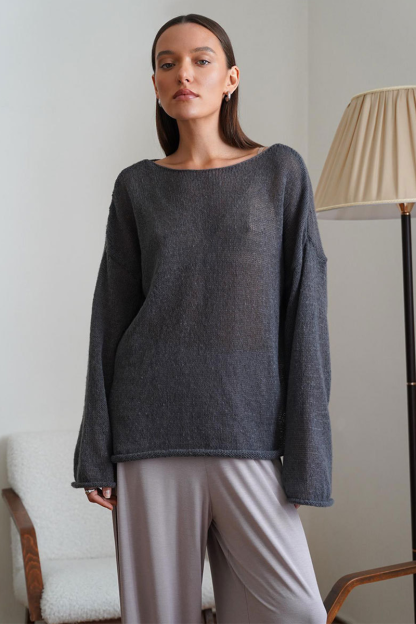 See Through Knit Flare Sleeve Loose Fit Solid Color Top-White-Hayhty.All Rights Reserved.