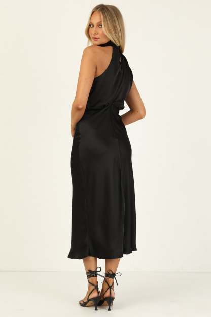 Turtleneck Sleeveless Satin Midi Dresses-Hayhty.All Rights Reserved.