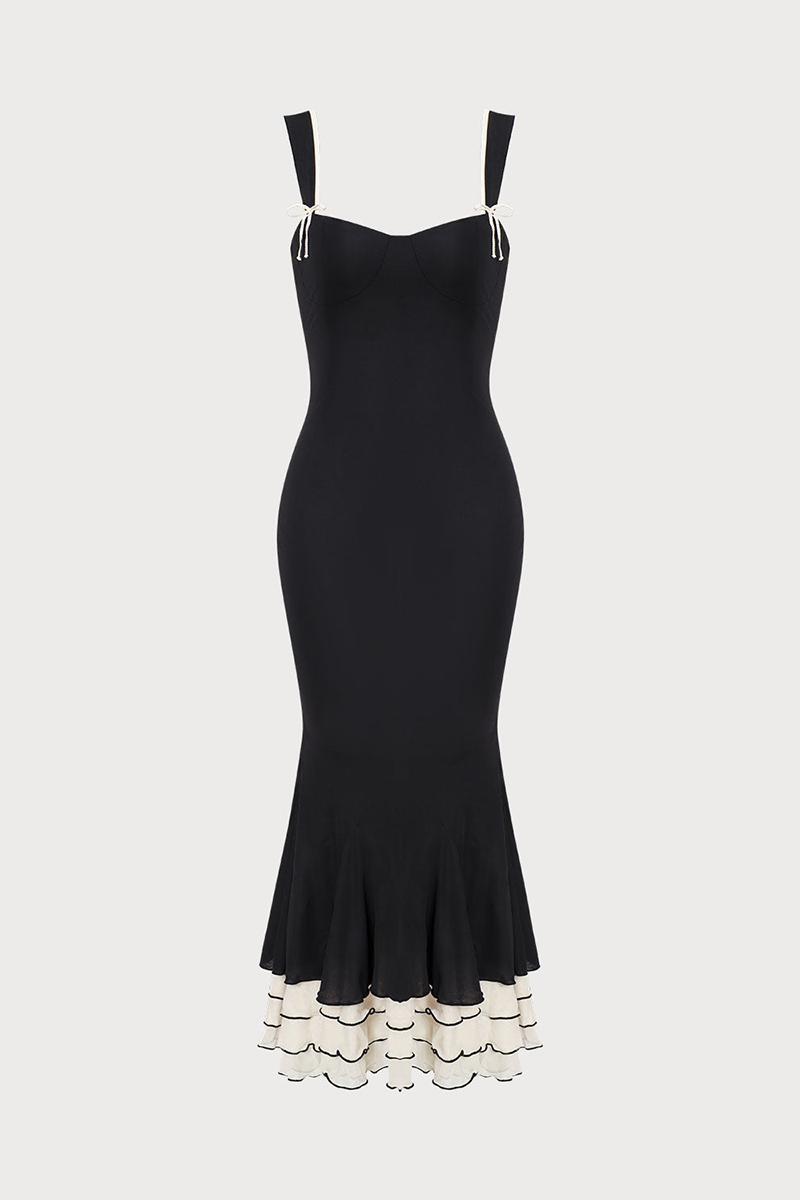 Wide Straps Bodycon Colorblock Fishtail Hem Midi Dresses-Black-Hayhty.All Rights Reserved.