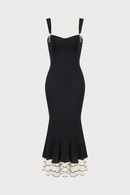 Wide Straps Bodycon Colorblock Fishtail Hem Midi Dresses-Black-Hayhty.All Rights Reserved.