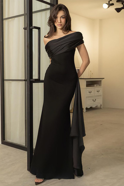 Skew Neck Draped Sleeve Tie Up Streamer Bodycon Gowns Maxi Dresses-Black-Hayhty.All Rights Reserved.
