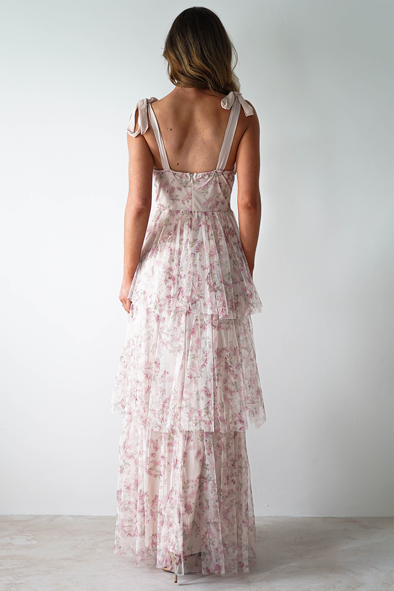 Tie Up Straps Cinch Waist Floral Print Tiered Maxi Dresses-Pink-Hayhty.All Rights Reserved.