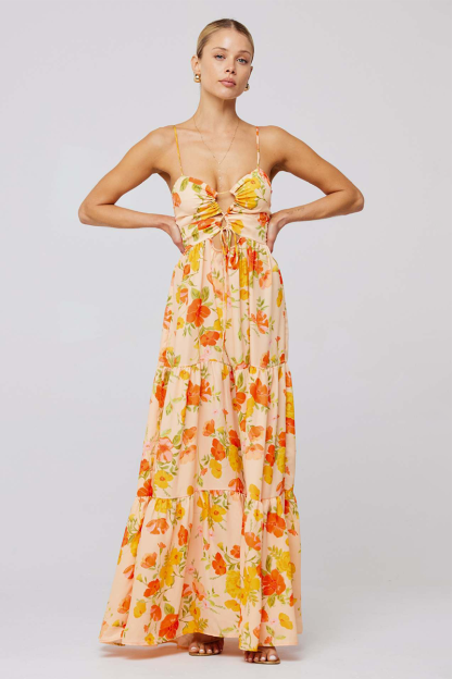 Floral Print Front Tie Up Spaghetti Strap Flowy Maxi Dresses-Orange-Hayhty.All Rights Reserved.