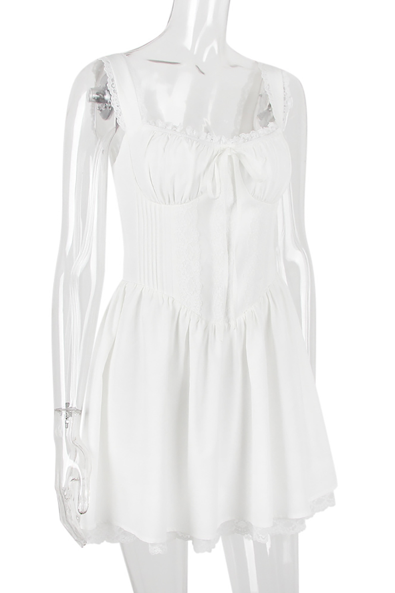 A-line White Boat Neck Tied Up Cami Backless Lace Up Pleated Embroidery Hem Mini Dresses-Hayhty.All Rights Reserved.