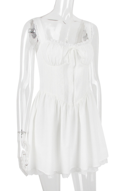 A-line White Boat Neck Tied Up Cami Backless Lace Up Pleated Embroidery Hem Mini Dresses-Hayhty.All Rights Reserved.