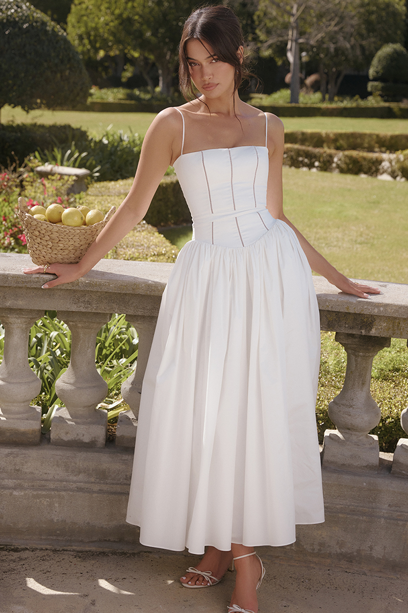 Spaghetti Strap Boat Neck Cinch Waist Pleated Hem Maxi Dresses-White-Hayhty.All Rights Reserved.