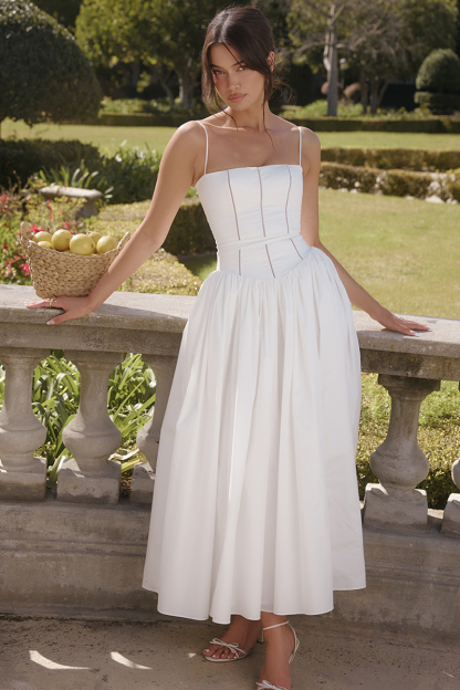 Spaghetti Strap Boat Neck Cinch Waist Pleated Hem Maxi Dresses-White-Hayhty.All Rights Reserved.
