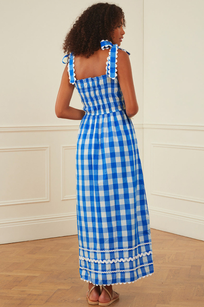 Plaid Pattern Tie Up Wide Straps Pocket A-Line Maxi Dresses-Blue-Hayhty.All Rights Reserved.