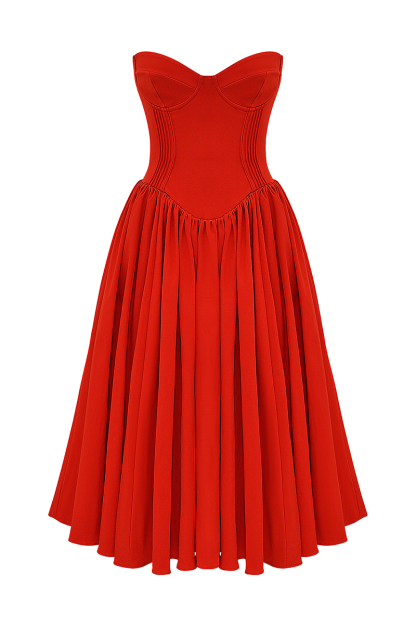 Strapless Corset Pleated Hem Prom Party Midi Dresses-Red-Hayhty.All Rights Reserved.