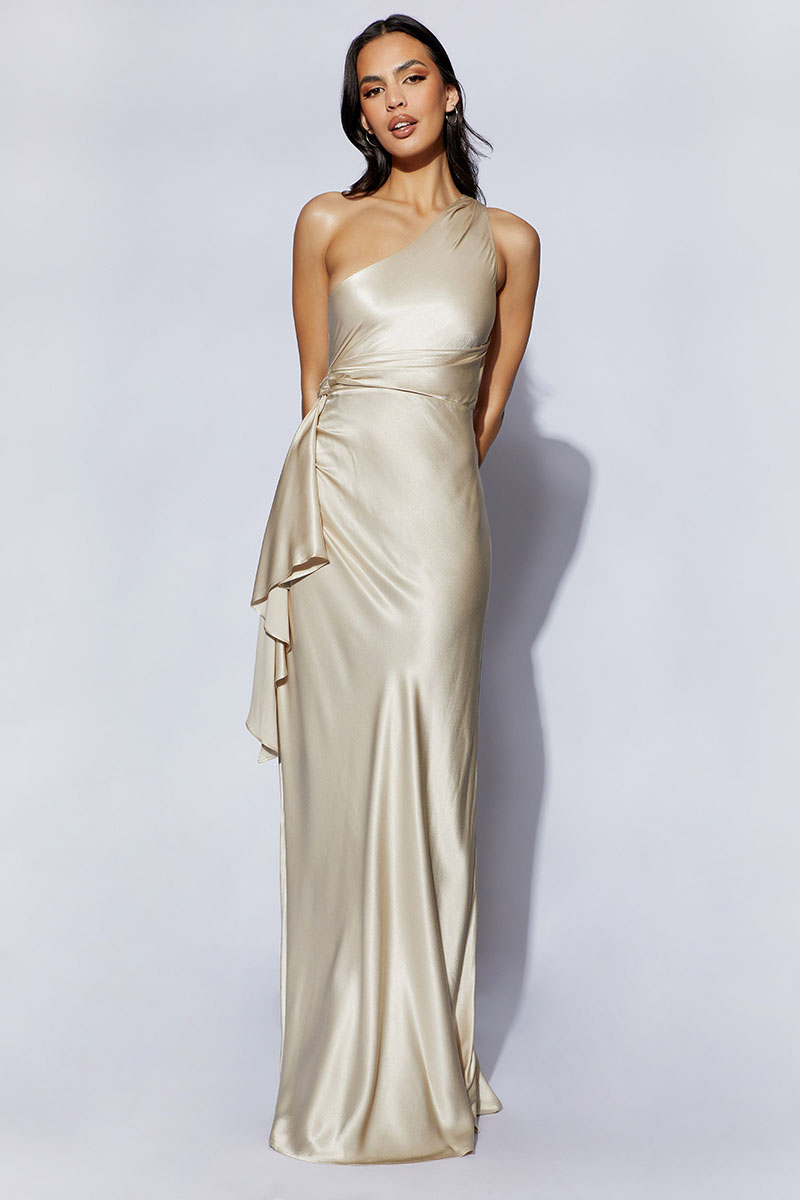 One Shoulder Drape Trim Prom Satin Maxi Dresses-Hayhty.All Rights Reserved.