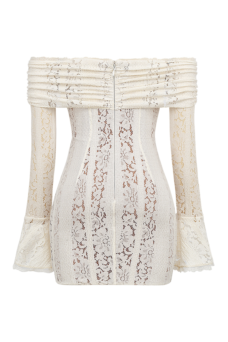 Off Shoulder Flare Sleeve Floral Lace Bodycon Mini Dresses-White-Hayhty.All Rights Reserved.