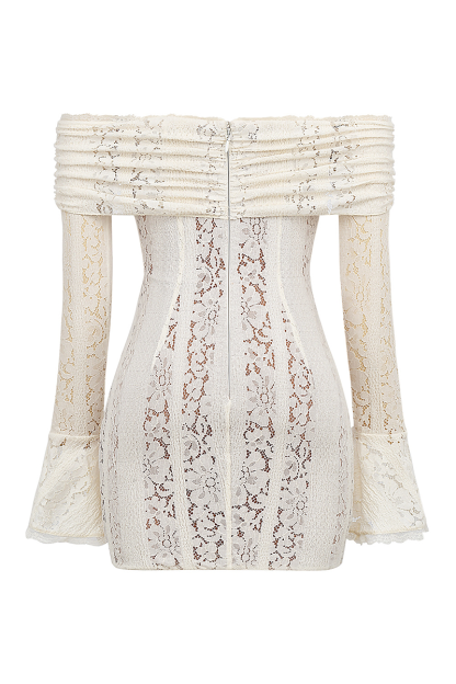 Off Shoulder Flare Sleeve Floral Lace Bodycon Mini Dresses-White-Hayhty.All Rights Reserved.