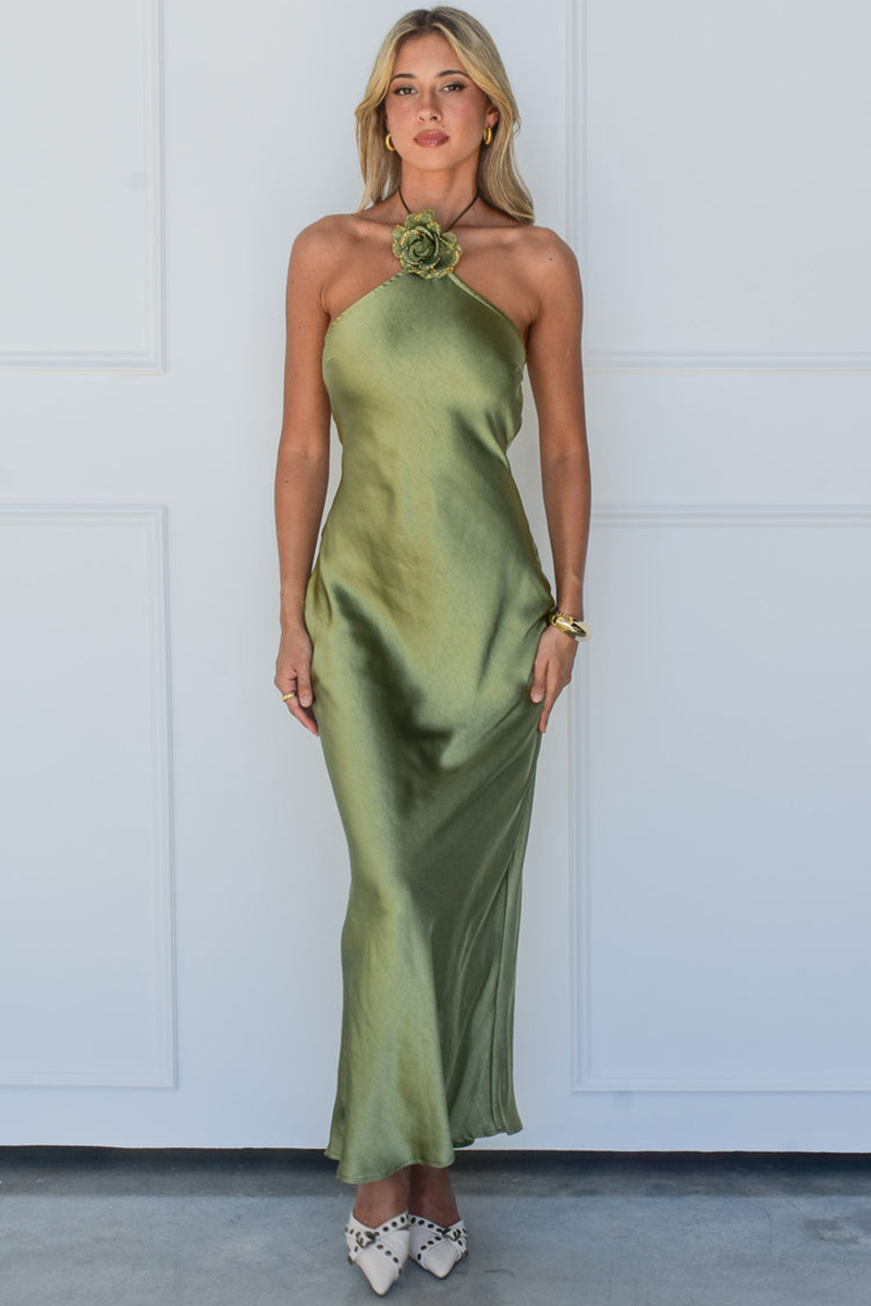 Halter Rosette Decor Open Back Slim Fit Satin Maxi Dresses-Green-Hayhty.All Rights Reserved.