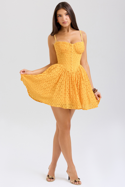 Daisy Pattern Lace Cinch Waist Slip Mini Dresses-Yellow-Hayhty.All Rights Reserved.