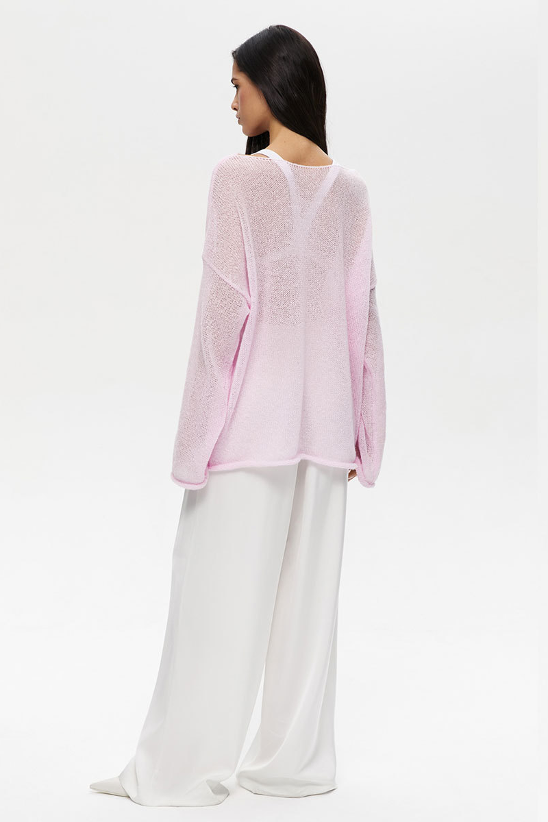 See Through Knit Flare Sleeve Loose Fit Solid Color Top-White-Hayhty.All Rights Reserved.