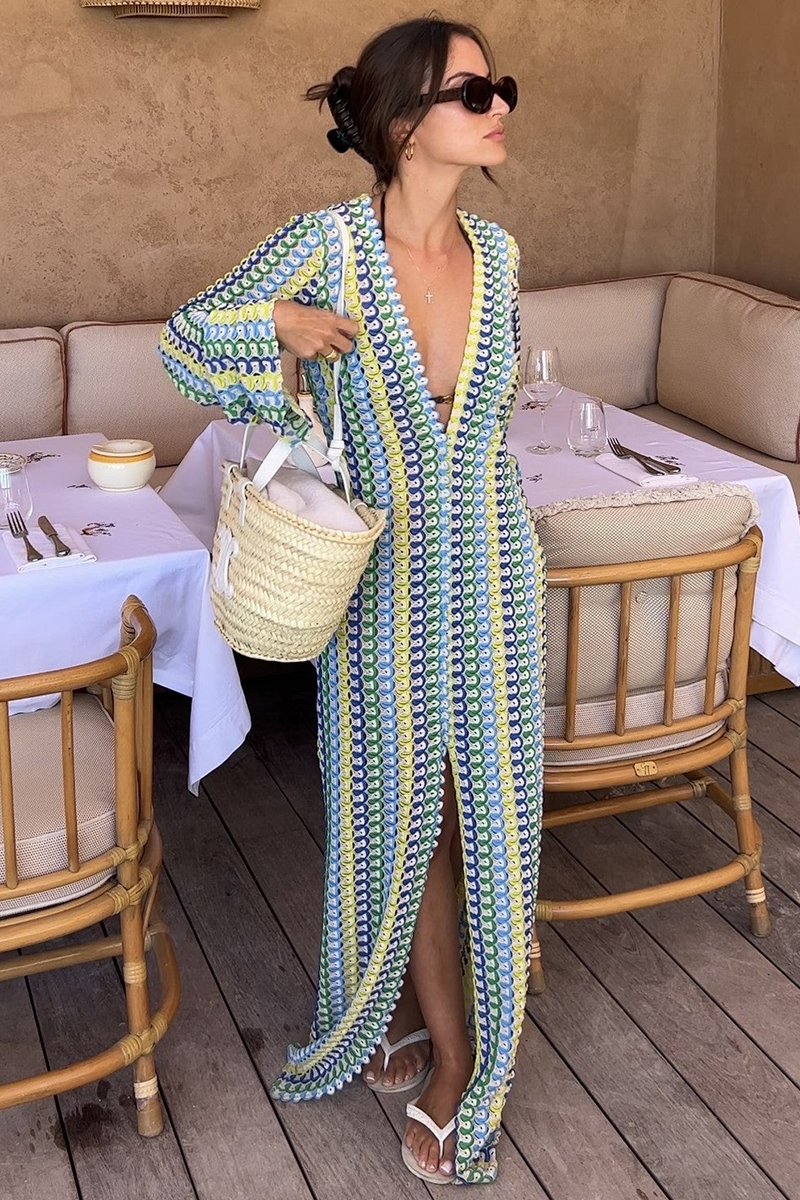 Crochet Abstract Striped Pattern Deep V Neck Flare Sleeve Slit Maxi Dresses-Green-Hayhty.All Rights Reserved.