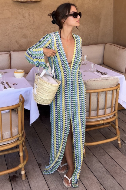 Crochet Abstract Striped Pattern Deep V Neck Flare Sleeve Slit Maxi Dresses-Green-Hayhty.All Rights Reserved.