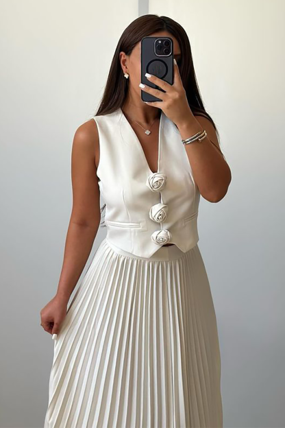 3D Flower Decor V Neck Vest Pleated Maxi Skirt Matching Set-White-Hayhty.All Rights Reserved.