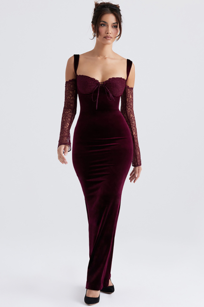 Cold Shoulder Lace Sleeve Bodycon Velvet Formal Party Maxi Dresses-Hayhty.All Rights Reserved.