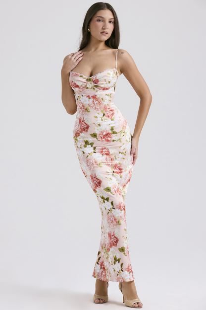 Floral Print Lace Trim Spaghetti Strap Back Slit Hem Slim Fit Maxi Dresses-Pink-Hayhty.All Rights Reserved.