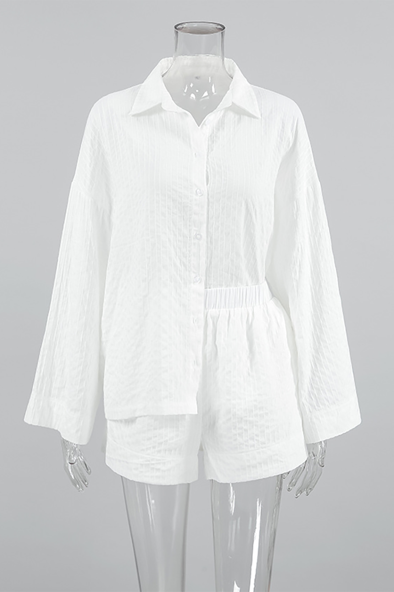 Striped Print Long Sleeve Loose Fit Blouse Casual Shorts Matching Set-White-Hayhty.All Rights Reserved.