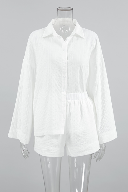 Striped Print Long Sleeve Loose Fit Blouse Casual Shorts Matching Set-White-Hayhty.All Rights Reserved.