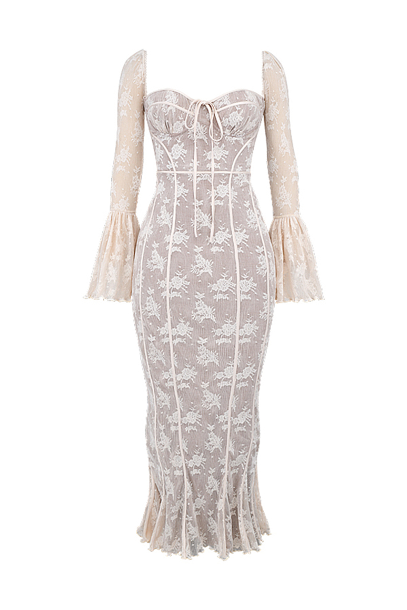 Square Neck Long Flare Sleeve Jacquard Fishtail Garden Party Maxi Dresses-White-Hayhty.All Rights Reserved.