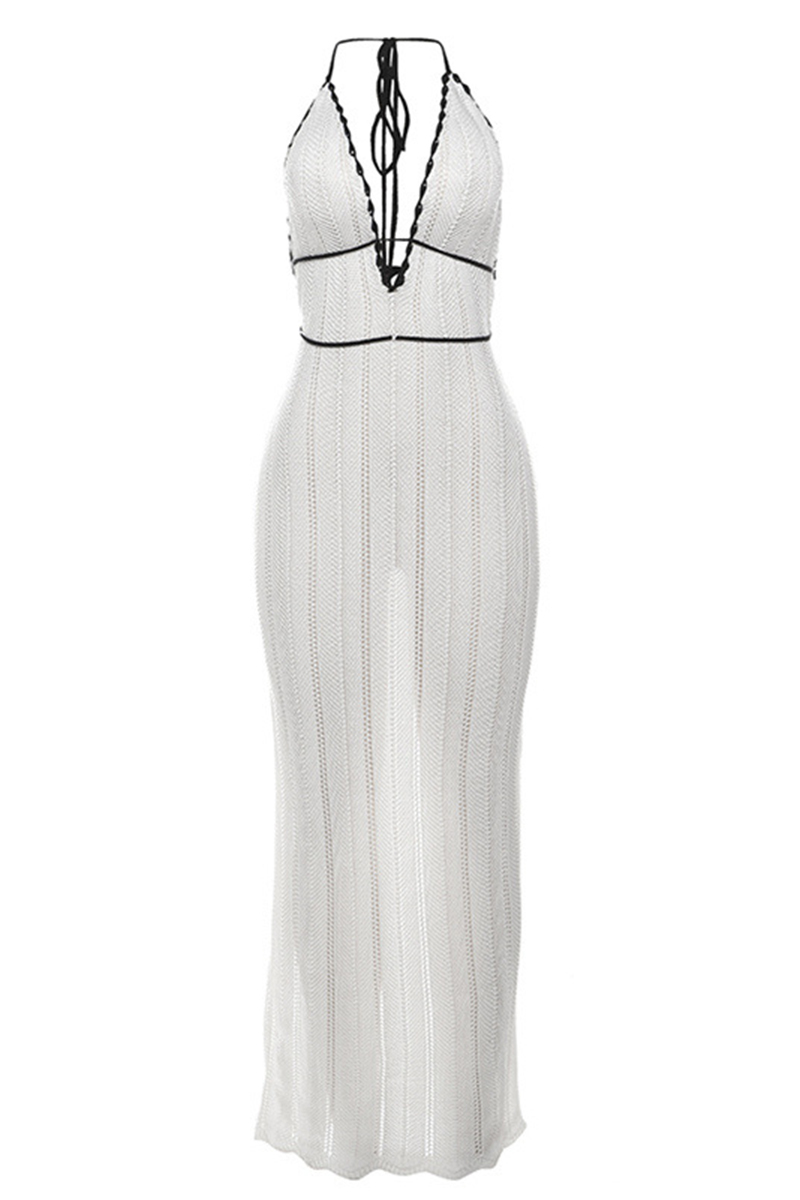 Knit Contrast Trim Halter V Neck Backless Tied Up Maxi Dresses-White-Hayhty.All Rights Reserved.