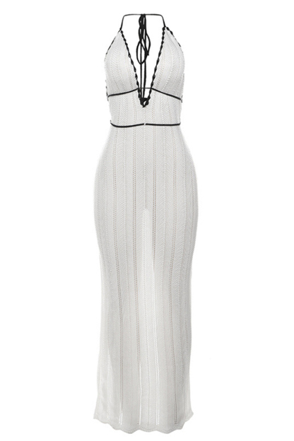 Knit Contrast Trim Halter V Neck Backless Tied Up Maxi Dresses-White-Hayhty.All Rights Reserved.