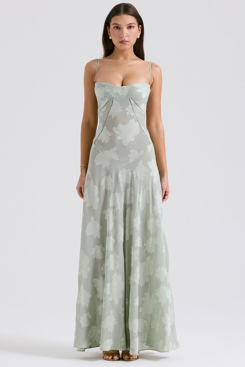 Elegant Floral Print Quilted Lace Up Back Formal Party Flowy Maxi Dresses-Green-Hayhty.All Rights Reserved.