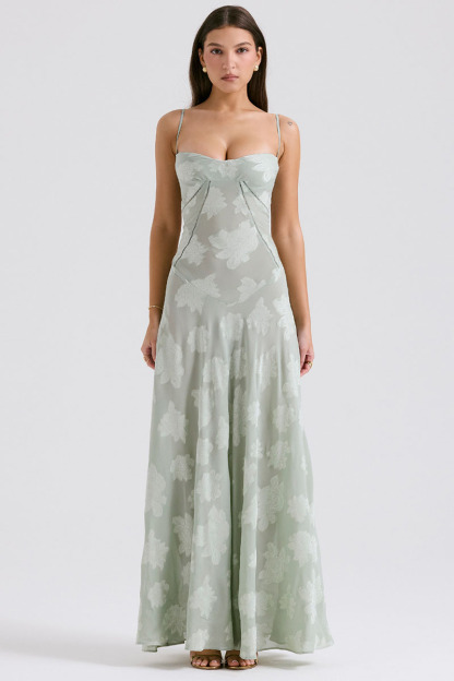 Elegant Floral Print Quilted Lace Up Back Formal Party Flowy Maxi Dresses-Green-Hayhty.All Rights Reserved.