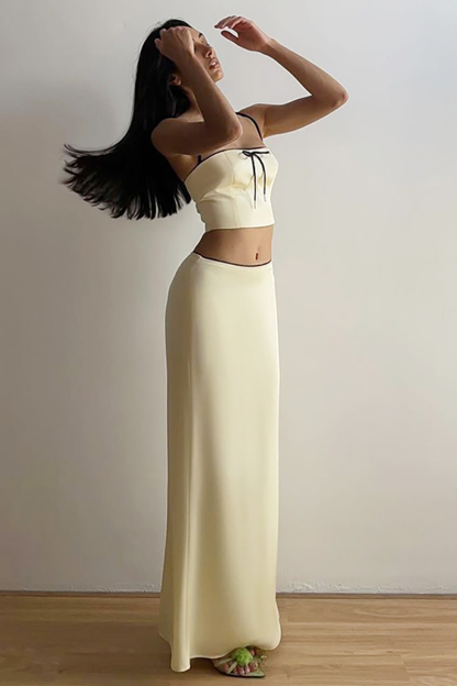 Bow Decor Crop Cami Slim Fit Fishtail Hem Maxi Skirt Matching Set-Beige-Hayhty.All Rights Reserved.