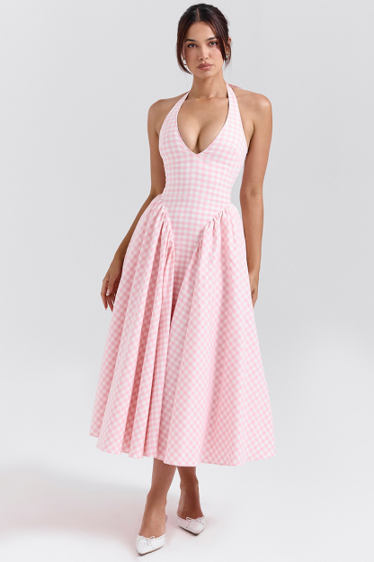 Plaid Print Halter Deep V Neck A-Line Midi Dresses-Pink-Hayhty.All Rights Reserved.