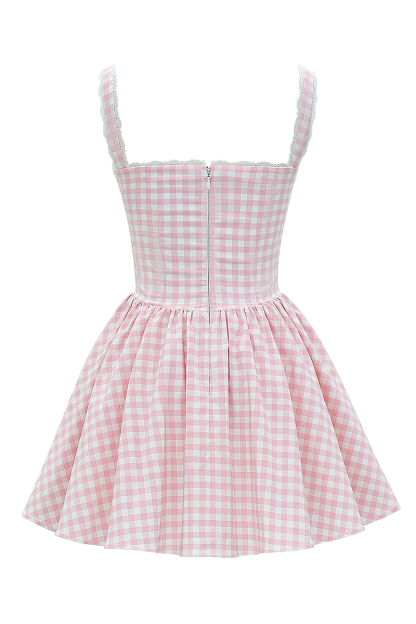 Plaid Print Lace Trim Button A-Line Mini Cami Dresses-Pink-Hayhty.All Rights Reserved.