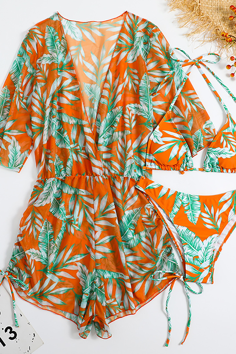 Tropical Print Romper Halter Bikini Three-Piece Swimsuit Matching Set-Hayhty.All Rights Reserved.