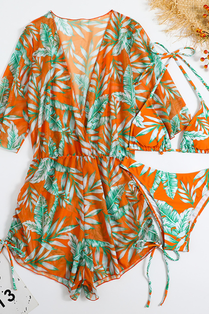 Tropical Print Romper Halter Bikini Three-Piece Swimsuit Matching Set-Hayhty.All Rights Reserved.