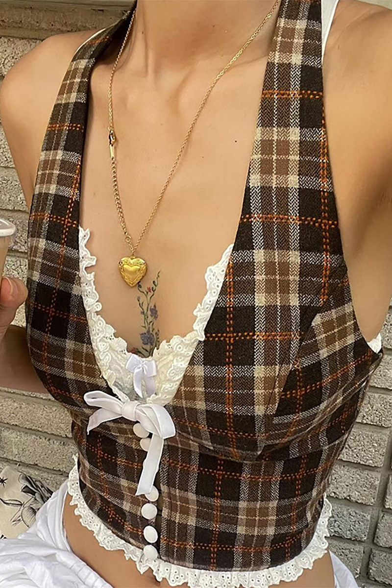 Plaid Pattern Lace Patchwork Deep V Neck Halter Crop Waistcoat-Brown-Hayhty.All Rights Reserved.